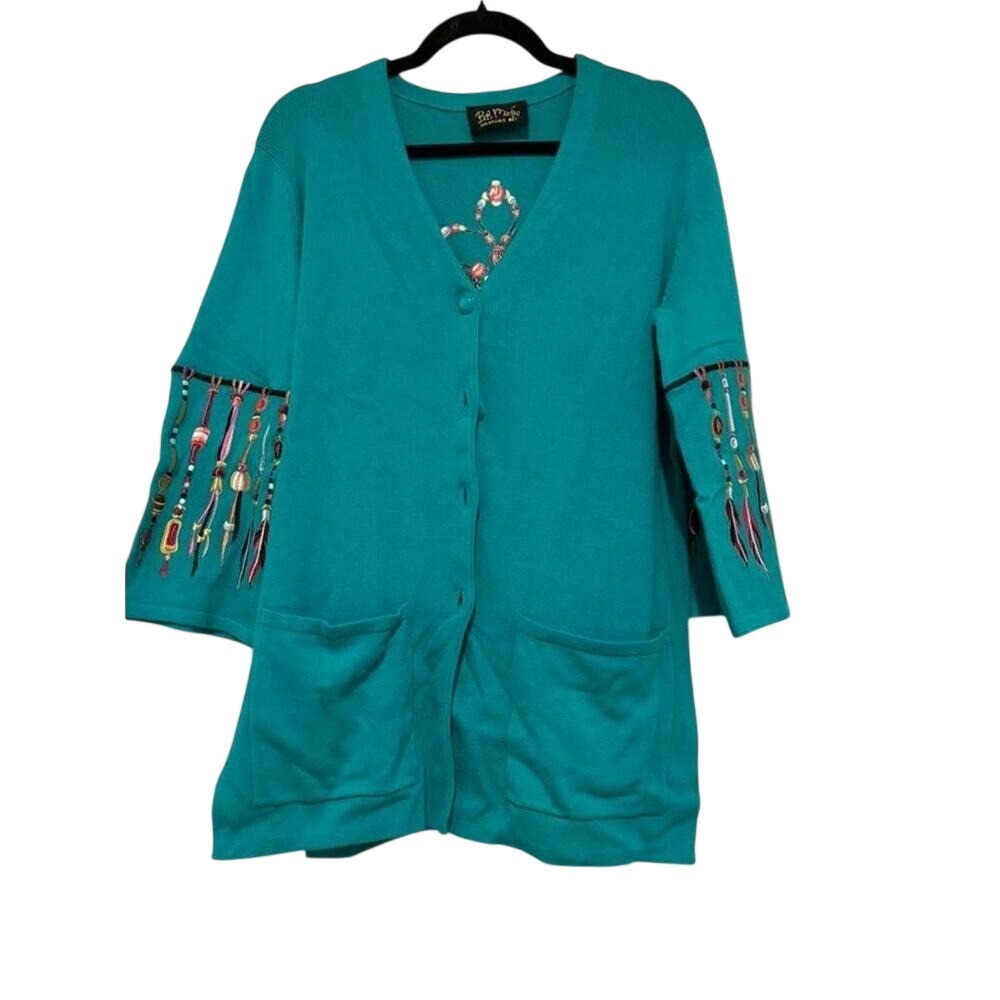 Bob Mackie wearable art native american‎ embroidered sz M cardigan sweater#1399